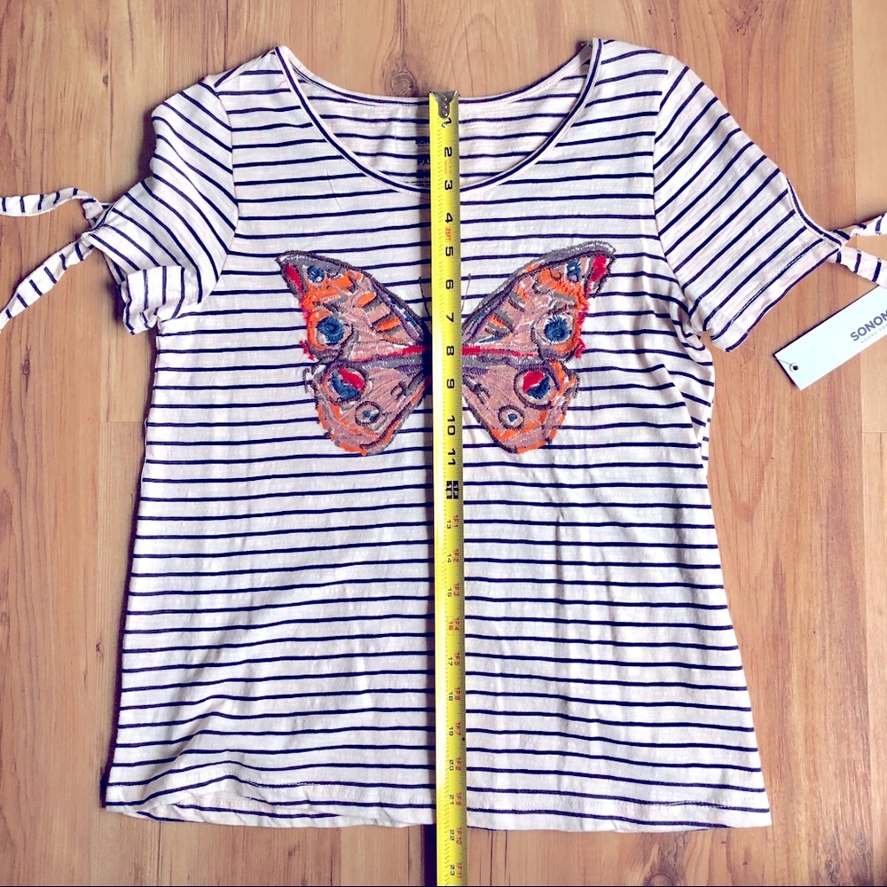 NEW SONOMA Butterfly Embroidery Tee Shirt Striped Petite XS Off White Women’s - Picture 8 of 16